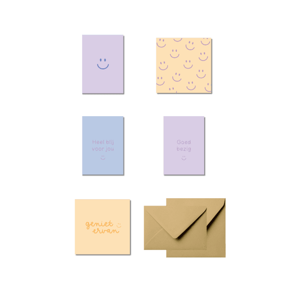 Set van 5 blije wenskaarten – Voor complimentjes, succes en mooie momenten