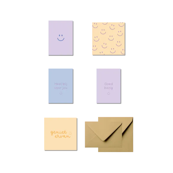 Set van 5 blije wenskaarten – Voor complimentjes, succes en mooie momenten